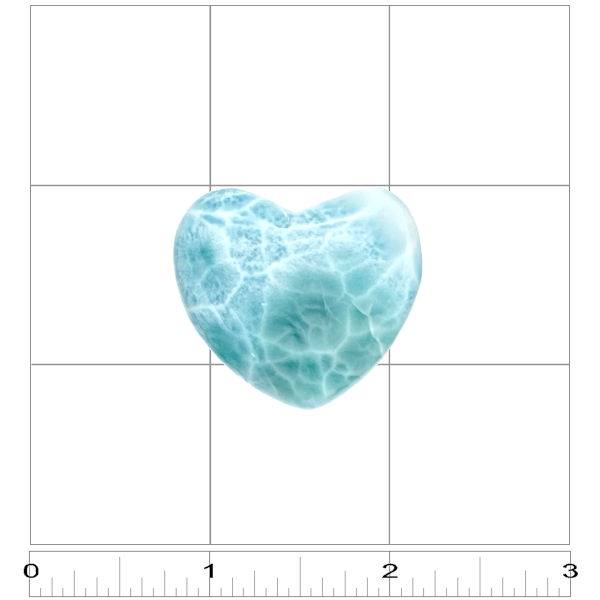 Carved Larimar Heart Palm/Meditation/Healing Stone, Medium (#187) - ruler. Hand-polished Larimar meditation heart from Barahona, Dominican Republic, shown in 3x3 square for size reference
