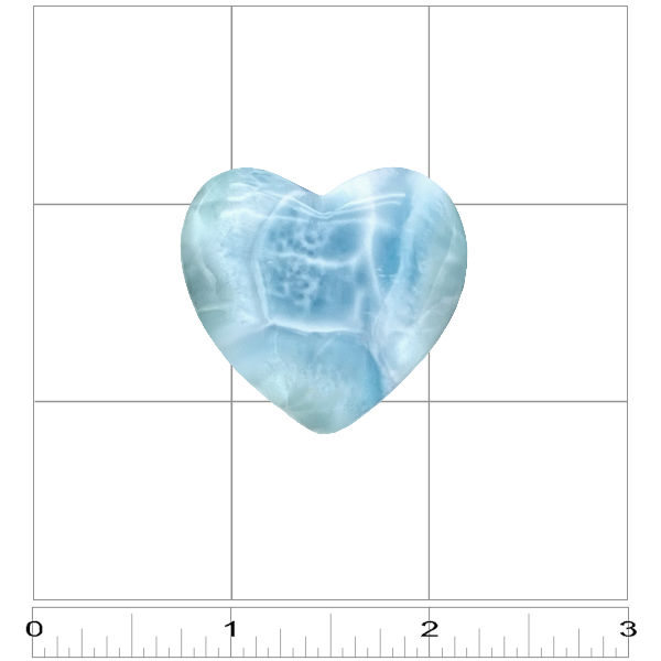 Carved Larimar Heart Palm/Meditation/Healing Stone, Medium (#206) - ruler. Polished Larimar heart palm stone from Barahona, Dominican Republic, showing blue and green turtleback patterning show in a 3x3 square for size.