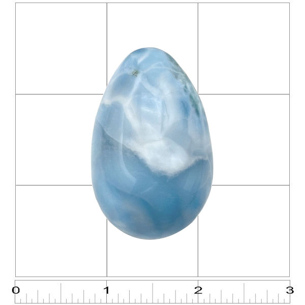 Carved Larimar Egg (#742) - back. Rare Larimar egg-shaped gemstone, hand-selected in the Dominican Republic, featuring light blue and chatoyant white swirls shown in a 3x3 box for sizing.