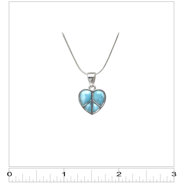 Small Larimar Heart Peace Sign Necklace - 3x4. Heart shaped larimar pendant with an inlaid sterling silver peace sign shown in a 3x3 box for sizing.