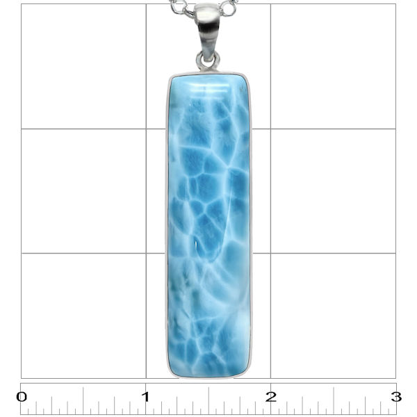Premier Collection Larimar Pendant (#LMB-350) - ruler. Statement Larimar pendant – elongated rectangular stone with shimmering blue turtleback pattern, handcrafted sterling silver bezel, mined in Barahona, Dominican Republic and shown in a 3x3 box for size.