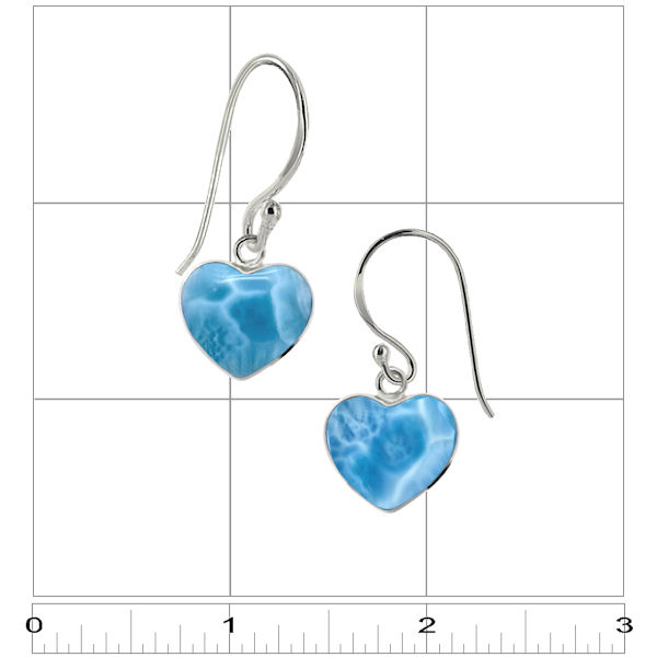 Premier Collection Larimar Heart Hook Earrings - ruler. Luxury Larimar puffed heart earrings with chatoyant patterning, crafted in sterling silver hooks, photographed in natural light shown in a 3x3 box for sizing.
