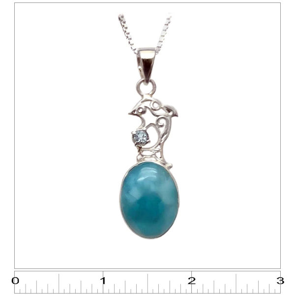 AAA Larimar Dolphin Necklace with Blue Topaz - ruler. Luxury Larimar jewelry with ocean-inspired dolphin and topaz, featuring rare blue Larimar from the Dominican Republic shown in a 3x3 box for sizing.