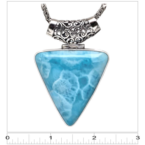 Freeform Larimar Necklace - Large (PLC-B374) - ruler. Premium AAA Larimar gemstone pendant in triangular cut, sourced from Dominican mines shown in a 3x3 square for sizing.