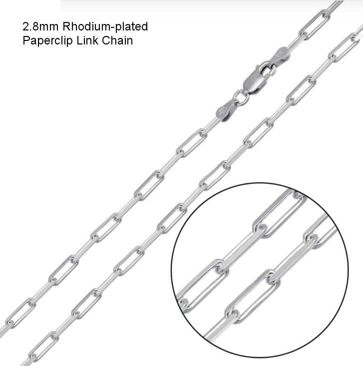 Rhodium-Plated Sterling Silver 2.8mm PAPERCLIP Chain - 18" with close-up