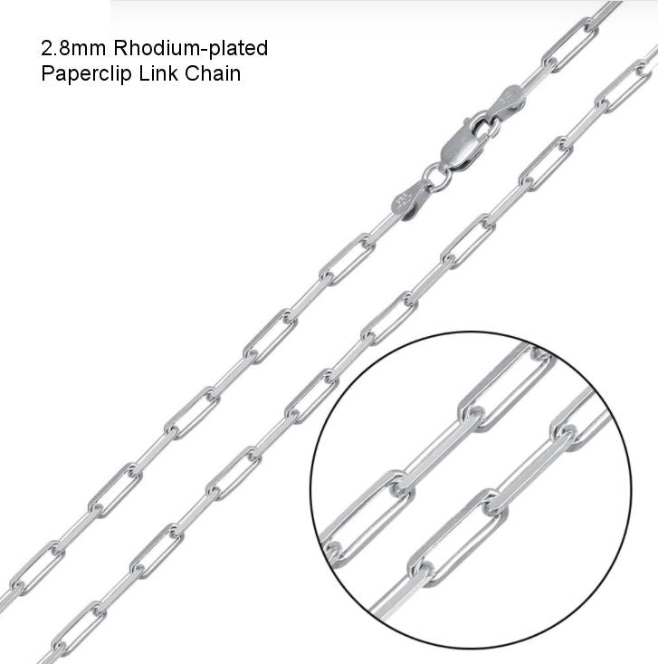 2.8mm Rhodium-plated Paperclip link Chain