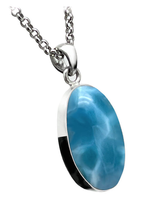 Premier Collection Oval Larimar Pendant - Small (#LMB-103). Oval Larimar pendant in sterling silver bezel, showcasing dark blue turtleback pattern, mined in Barahona, Dominican Republic.
