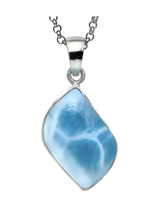 Freeform Larimar pendant in sterling silver with AAA-quality Dominican stone, glowing ocean blue tones and signature turtleback pattern.