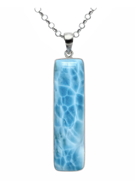 Premier Collection Larimar Pendant (#LMB-350) Larimar Signature Collection Pillar Pendant – elongated rectangular Larimar gemstone bezel set in sterling silver, showcasing turtleback patterns in Caribbean blue, mined in Barahona, Dominican Republic