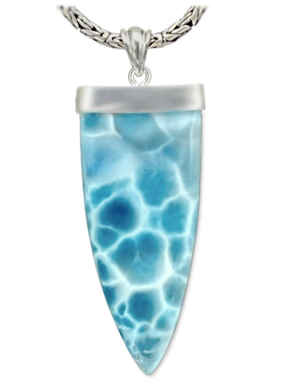 Premier Collection Shark Tooth Larimar Pendant - Large (#LMB-406) XL Shark Tooth Larimar Pendant with sterling silver bail, showcasing authentic Dominican Larimar from Barahona, Dominican Republic