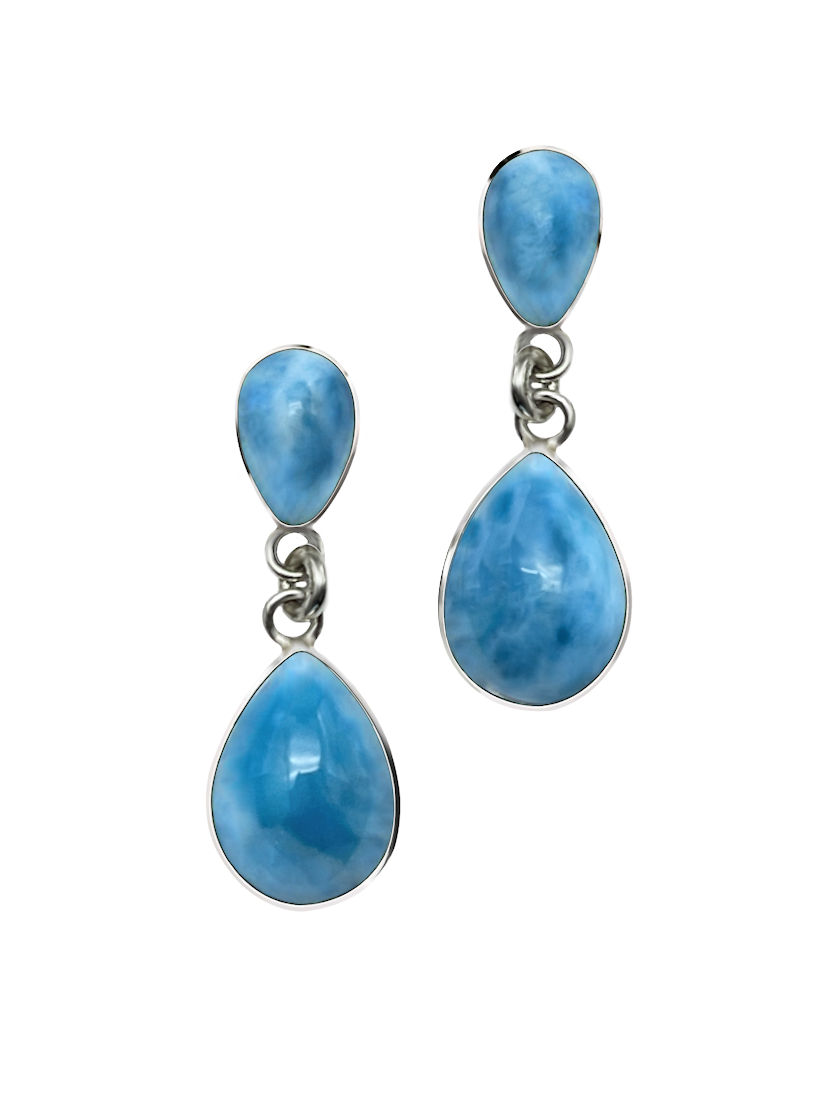 Premier Collection Larimar Double Teardrop Post Earrings. AAA Larimar teardrop post earrings in sterling silver, Signature Collection jewelry crafted from Dominican Republic gemstones.