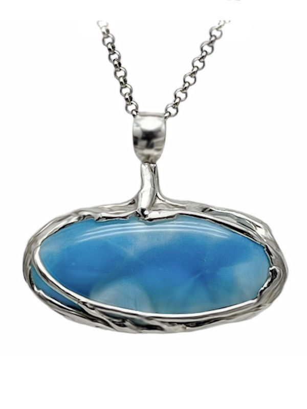 Freeform Larimar Pendant - Large (PLC267). Dominican Republic Larimar freeform pendant set in sterling silver, featuring rare volcanic blue hues and handcrafted by a French designer.