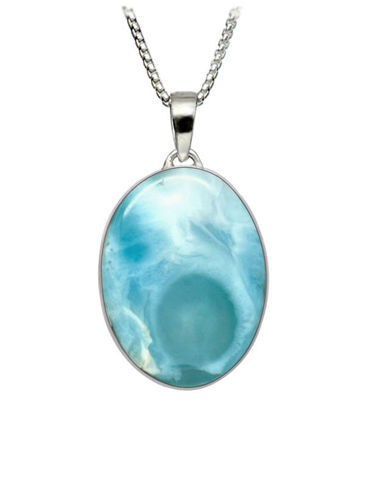 Oval Larimar Pendant - Medium (SOC103). Larimar Signature Collection Oval Pendant – Medium in sterling silver, photographed in natural light, handcrafted luxury jewelry from the Dominican Republic.